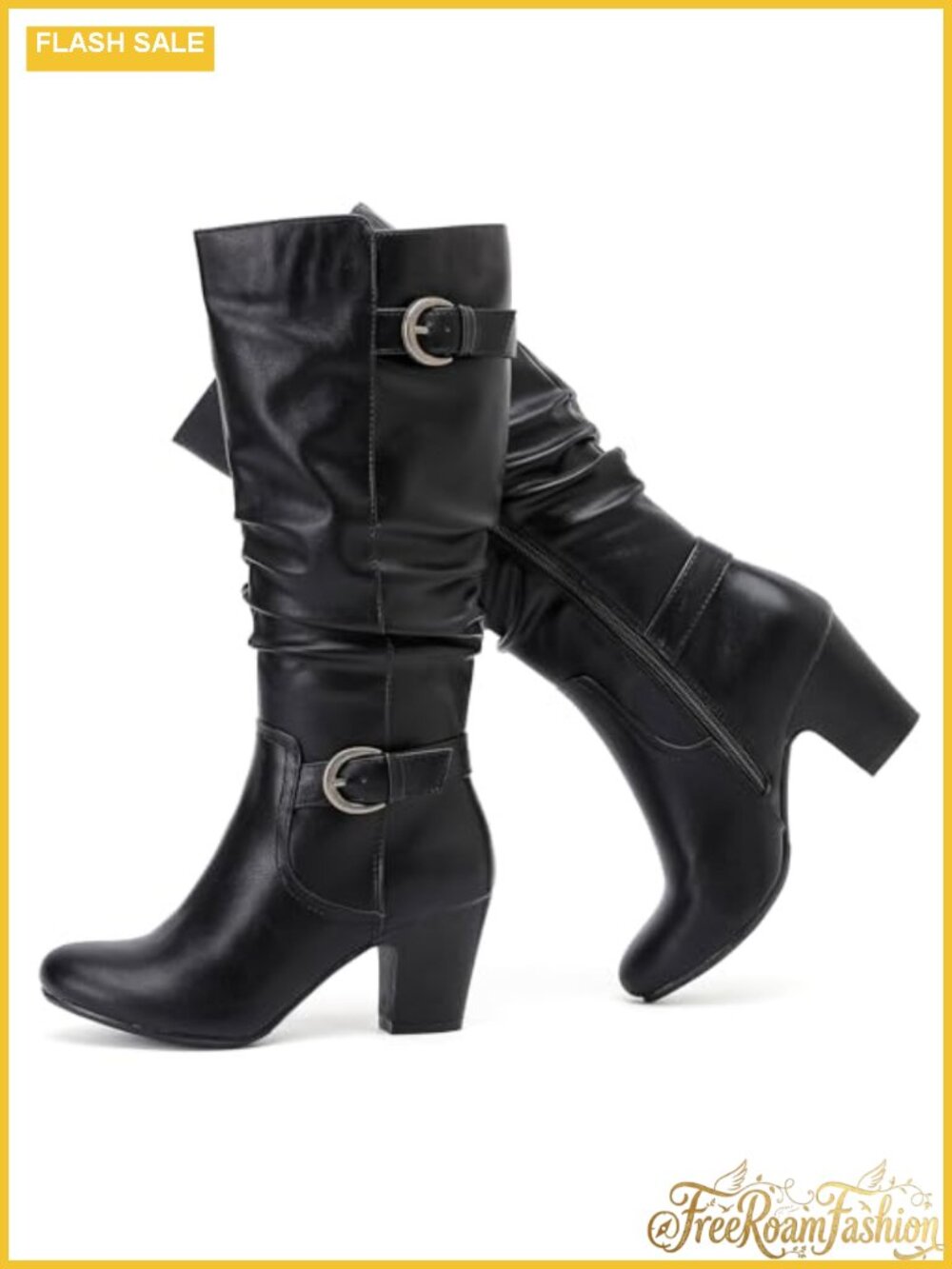 Faux Leather Knee High Boots Slouchy Pointed Toe Block Heel